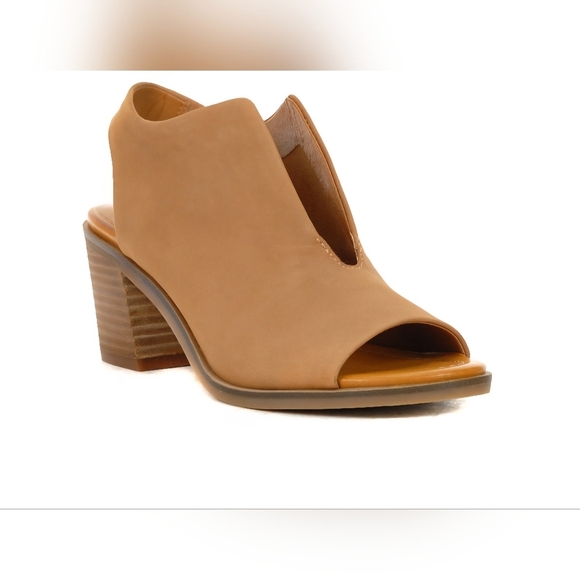 Lucky Brand RHAZY Tan Warm Brown Peep-Toe Slingback Heels Sandals Mules Size 9.5 - Picture 10 of 11